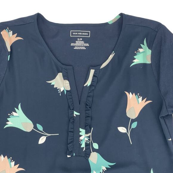 Van Heusen Women’s Blue Floral V-Neck 3/4 Sleeve Mixed Media Blouse Size Small S - Picture 4 of 8
